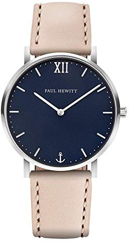PAUL HEWITT Armbanduhr Damen Sailor Line Blue Lagoon - Edelstahl Damen Uhr (Silber), Damenuhr mit Lederarmband in Beige, blaues Ziffernblatt