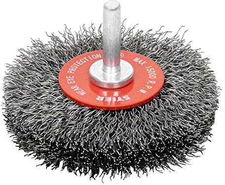 STIER Rundbürste Scheibenbürste, 70 mm, für Bohrmaschine Geradschleifer, 6 mm Schaft, Drahtstärke 0,3 mm, gewellt, Stahl