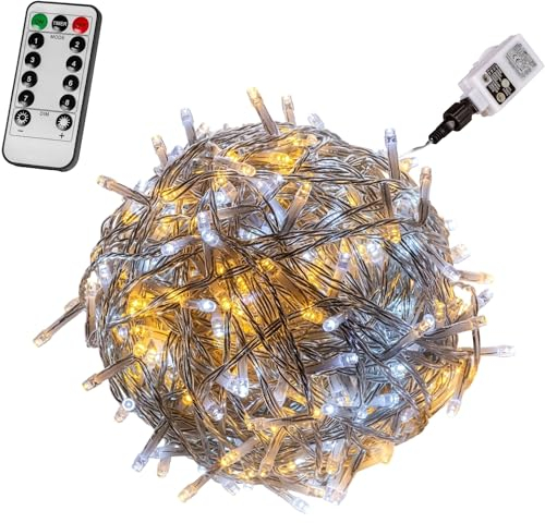 VOLTRONIC LED Lichterkette, IP44, Modell- und Farbwahl, 100 LEDs, Transparentes Kabel, kaltweiß/warmweiß, Fernbedienung