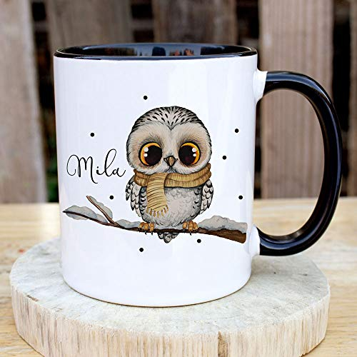 Tasse Becher Eule Eulchen auf Ast Zweig Motiv mit Wunschname Name individuell Kaffeebecher Kaffeetasse Geschenk ts1082 - ausgewählte Farbe: *schwarz-weiß*
