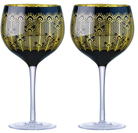 Artland - Midnight Peacock Gin Glasses - Gold & Black - Set of 2-700ml Capacity Per Glass - Detailed and Elegant Gold & Black Feather Design, Perfect Home Bar Addition