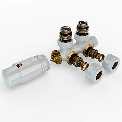 Design Multiblock für Heizkörper – Mittelanschluss-Set in Eckform Weiß mit 50 mm Nabenabstand – Hahnblock, Thermostatventil, Anschlussarmatur für Kunststoff- und Kupferrohre