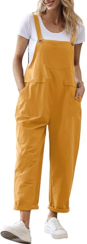 YESNO Damen Latzhose Sommer Oversize Trägerhose Beiläufig Loose Bib Pants Overall Baggy Jumpsuit Strampler Sommerhose mit Träger (L PV9DE Ingwer)