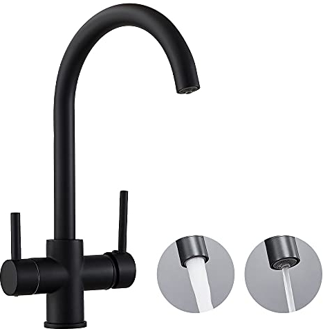 Maynosi 3 Way Kitchen Mixer Tap with Drinking Filtered Water Outlet, 3 in 1 Drinking Water Kitchen Sink Faucet, Dual Lever Mixer, 360° Swivel Spout, Include Flexible Tails, Solid Brass, Matte Black