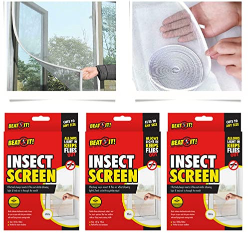 Window Screens 1.3m*1.5m, 3Pk White Mesh, Fly Screens for Window, Window Nets, Self Adhesive Mosquito Netting, Fly Bug Bee Net for Windows with Roll Hook Sticky Tape