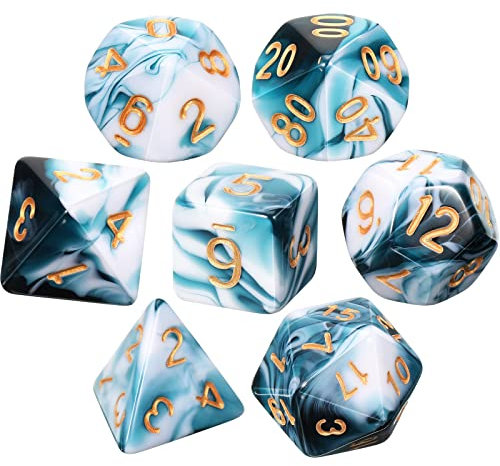 Aoriher 7 Stück Würfelset Polyedrisches Würfelset mit Schwarzem Beutel Kompatibel mit Dungeons and Dragons Set Rollenspiel Würfelset für Pathfinder Rollenspiel RPG (Klares Blau und Weiß)