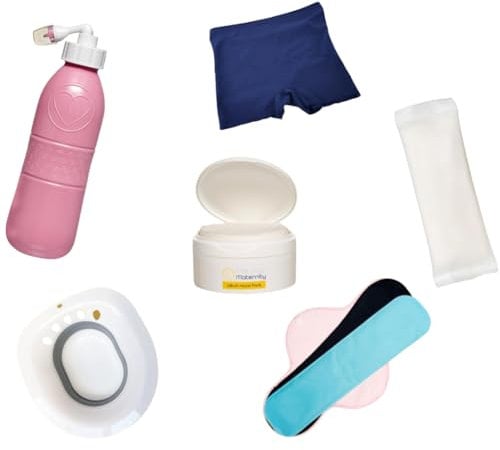 First Days Maternity -Postpartum Recovery Bundle, Contains 1 Pink Peri Bottle, 4 Perineal Cold Packs, 1 Witch Hazel Pads Tub, 2 Reusable Gel Packs, 1 Sitz Bath, and 4 Maternity Pants Medium (UK 12-16)