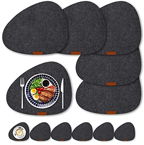 LITLANDSTAR Filz Tischsets Untersetzer 12er Set, hitzebeständige rutschfeste Tischsets für Zuhause und Restaurant Waschbare Tischsets Set mit 6 Tischsets, 6 Untersetzer(Dunkelgrau)