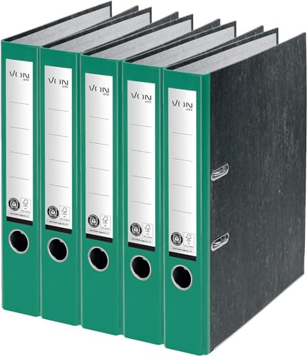 VON Leitz 5er Pack Ordner A4, 100 % Recyclingkarton, 50 mm Rückenbreite, Für 350 Blatt, Marmoriert, Blauer Engel & FSC-zertifiziert, Für Schule, Studium & Haushalt, Grün, 10541055