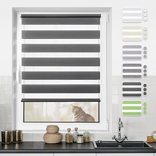 Doppelrollo Klemmfix ohne Bohren Rollos für Fenster ohne Bohren mit Bohren Anthrazit 55x200 cm(BxH)-Stoffbreite 51cm Rollo Fensterrollo Klemmrollos Fensterrollo innen lichtdurchlässig & verdunkelnd