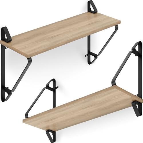 tectake® 2X Hängeregal, Schweberegal Wandregal, Floating Shelves, Regal Ablage für Deko im Wohnzimmer, Schlafzimmer, Kinderzimmer Regal, Gewürzregal Holz - Industrial Holz hell, Eiche Sonoma
