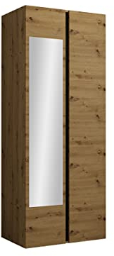 Mirjan24 Kleiderschrank Monati 74 mit Spiegel, 2-türig Schrank mit 4 Fächer, Drehtürenschrank, Garderobenschrank (Eiche Artisan/Schwarz)