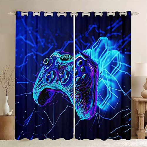 Gamer Gaming Curtain for Boy Bedroom Video Game Curtains for Kids Room Decor Blue Purple Game Controller Gamepad Window Drapes Geometry Honeycomb Window Treatments (2Pc-W29.5'' X L65'',Blue)