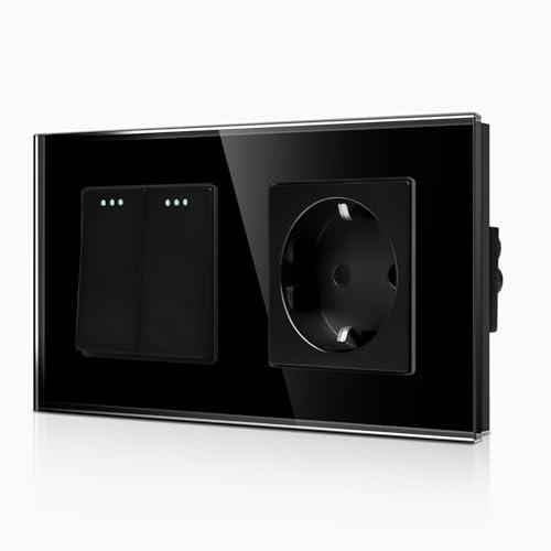 CNBINGO Schuko Steckdose mit Lichtschalter 2 Fach 1 Weg Glas Lichtschalter, Modernem Kristallglas Wandplatte mit Leuchtpunkten, Schwarz