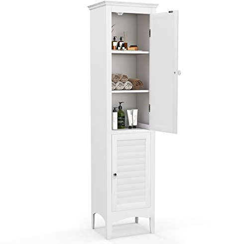 Multigot Bathroom Tall Cabinet, Wooden Slim Floor Cupboard with 2 Doors & Adjustable Shelf, Freestanding Storage Organizer Unit for Living Room Hallway Kitchen (White)
