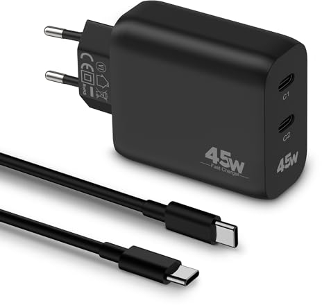 45W 2-Port Rapide USB C Chargeur pour Samsung Galaxy S25 S24 S23 S22 S21 Ultra FE 5G S20 S10, A55 A54 A53 A52 A25 A15, Z Fold 5/4, Note 20/10, Prise USBC Adapteur Secteur et Type C Câble 2M