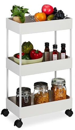 Relaxdays Rollwagen, 3 Etagen, Servierwagen, Küchenwagen für Bad & Büro, Rollregal, HBT: 65,5x40x22cm, Bastelwagen, weiß