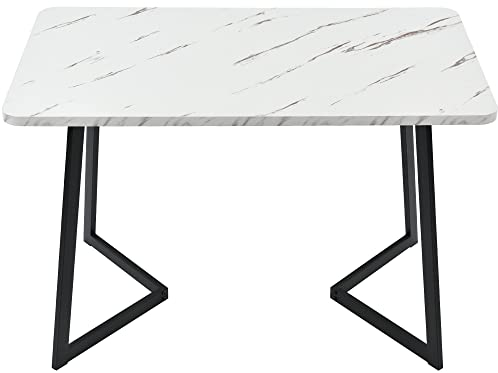 Merax Moderna mesa de comedor rectangular 117 x 68 cm, mesa de comedor de acabado de mármol moderno mesa de cocina con patas de metal para comedor sala de estar, negro/blanco