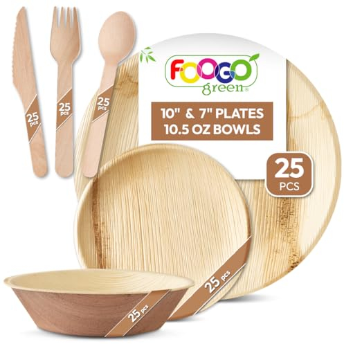 FOOGO Green 150pcs Disposable Palm Leaf Plates, Bowls and Wooden Cutlery Set, FSC® Certified, 25x Large Round, 25x Small Side Plates, 25x Bowls, 25x Forks, 25x Knives, 25x Spoons, Eco Friendly