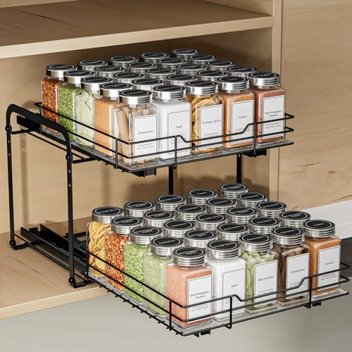 ZDDLOINP Pull Out Spice Racks for Inside Cupboard, 2 Tier Spice Rack, Spice Rack for Cabinet Height Adjustable, Heavy Duty Slide Out Spice Racks Organizer L10.7*W11.5*H9.4inch