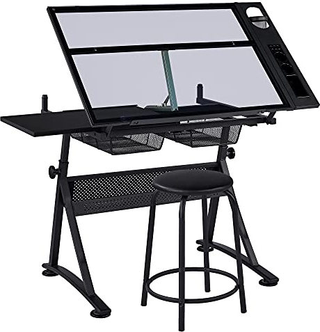 Yaheetech Table à Dessin Inclinable avec Tabouret Bureau pour Dessinateur Réglable avec Plateau en Verre et 2 Tiroirs de Rangement pour Maison Bureau École 141× 60 × 91 cm