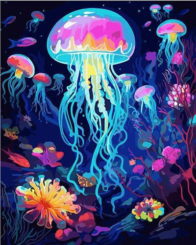 TISHIRON Malen Nach Zahlen Erwachsene,Blaue Quallen DIY Handgemalt Ölgemälde Kit für Anfänger und Erwachsene Mit 3-Pinseln und Acrylfarbe 40X50CM