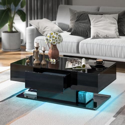 LIFEZEAL Couchtisch LED Beleuchtung, Wohnzimmertisch Hochglanz mit Lichtleiste & Fernbedienun, Moderner Sofatisch mit 2 Schubladen, Kaffeetisch Coffee Table für Wohnzimmer, Büro (Schwarz)