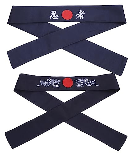 AUTSUPPL Japanese Sports Headband Set 2pcs Blue Ninja and Dragon Design Tie-on Hairbands for Karate Cooking Exercise Training