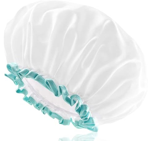 White Shower Cap, Waterproof Washable Hair Caps, Waterproof Shower Cap with Elastic Lining with Ruffles Covering Ears, Suitable for Long, Short, Curly Hair
