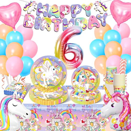 Kit Anniversaire Licorne pour Fille 6 Ans - Décoration avec Assiettes, Ballons pour Enfants - Baby Shower 10 Invités