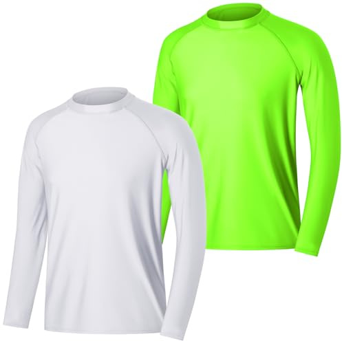 MASOCIO T Shirt Anti UV Homme Tee Shirt à Manche Longue Rashguard UPF 50+ Maillot de Bain Tshirt Hauts Baignade Surf Natation Wakeboard Plage 2 Pièces Taille 3XL Blanc Vert