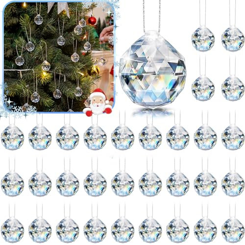 Wettarn 30 bolas de Navidad de cristal acrílico, adornos transparentes de 1.2 pulgadas, adornos de diamantes de Navidad, gotas de lluvia con hilo plateado para decoraciones colgantes de Navidad