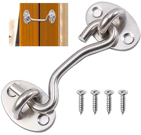 Türschlosshaken und Öse, Kabinenhaken, Türschloss, Haken und Ösenriegel, Türhaken, Torriegel, Edelstahl-Kabinenhaken für Holztore, Fenster, Schiebetür, Schlafzimmer und Badezimmer (Silber, 75 mm)