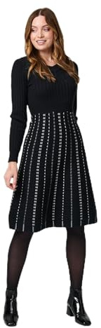 Izabel London Striped Long Sleeve Midi Knit Dress for Women UK with v-Neck and Contrast Hem. Black