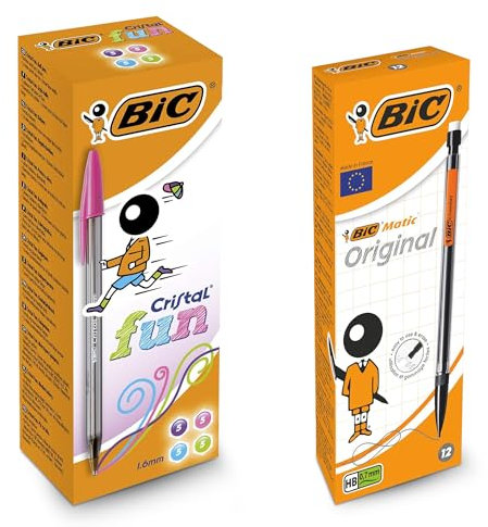 BIC Matic - Portaminas originales de 0,7 mm, color negro con borrador, bolígrafos BIC Cristal Fun con punta ancha (1,6 mm), paquete de 20 colores surtidos para uso escolar y de oficina