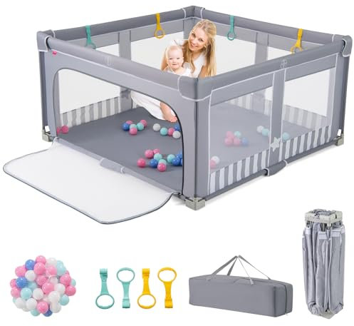 COSTWAY 150 x 150cm Laufstall Baby faltbar, Laufgitter mit 50 Bälle, 4 Griffe & Reißverschlusstor, Krabbelgitter mit atmungsaktivem Netz & Tragetasche, Kinderzaun für indoor und outdoor (Hellgrau)