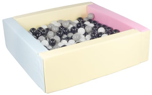 Velinda Piscine à balles carrée avec 300 balles, Cuir écologique, 5 éléments (Couleur de la Piscine/de balles: Rose, Bleu, Jaune (Pastel)/Noir,Blanc,Gris)