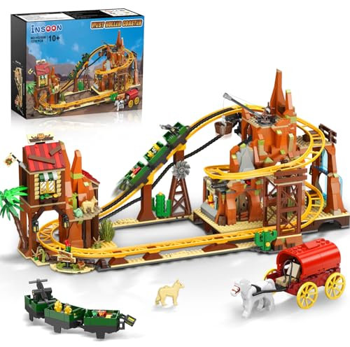 INSOON Achterbahn Bauspielzeug mit Grubenbahn Kettenantrieb Wagen, 1270 Stück Minen Zug Achterbahn Modell Spielzeug, Klemmbausteine Geschenk für Erwachsene Jugendliche Kinder Jungen Mädchen 10+ Jahren