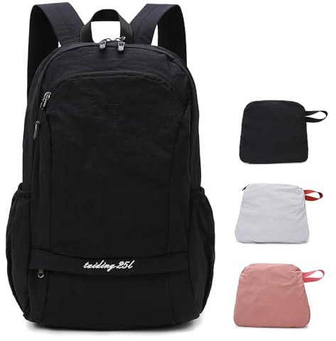 Outplea 25L Faltbarer Rucksack mit Nasstasche, Rucksack Sport Damen, Wanderrucksack Herren Wasserdicht, Tagesrucksack Ultraleicht für Outdoor, Schwarz