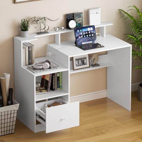 joolihome living 120 x 48cm Computer Desk with Drawers and Power Outlet, Office Desks with Monitor Stand and Cable Management, Study Table for Home Office Bedroom, White