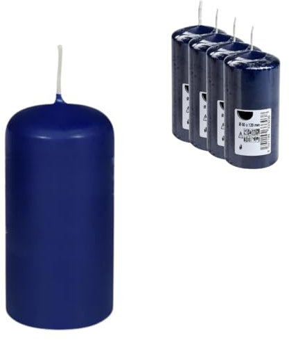 DeinPack Stumpenkerzen dunkelblau - 4 Stück | Ø 6 cm- Höhe 12 cm | Brenndauer: ca. 30 Stunden | Hochwertige Stumpenkerze | ideal für Gastronomie, Hotels, Kirchen- Hochzeiten & Feierlichkeiten