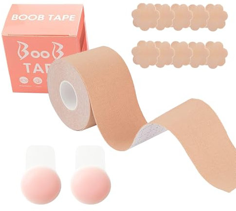Ruban de Levage des Seins, Sein Adhesif Boob Tape 5m, avec 2 Cache Tetons Femme Réutilisables et 10 Forme du Pétale Autocollants Mammaires