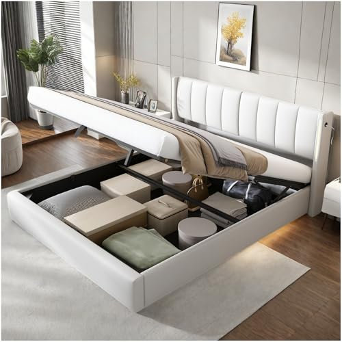 Zubaliya Lit Coffre 160x200 cm avec éclairage LED et Port USB,Système hydraulique avec Espace de Rangement,Cadre de lit 160x200 avec sommier et tête de lit réglable,PU,Blanc