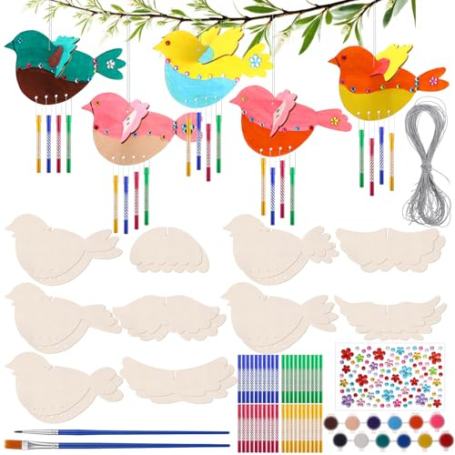 Kaisibum 3D Vögel Windspiel Bastelset,10 Stück Bastelset Kinder DIY Holz Basteln in Verschiedenen Formen Kindergeburtstag Geschenke für Mädchen Jungen
