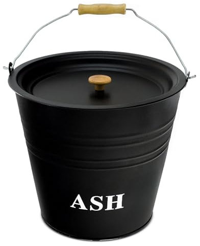 12L Steel Ash Bucket | Fireplace Ashes Container with Lid & Wooden Handle to Store Coal & Woods | (3.2 Gallons) Fireside Storage Ash Bin for Hearth, Living Rooms, Garden & BBQ Parties