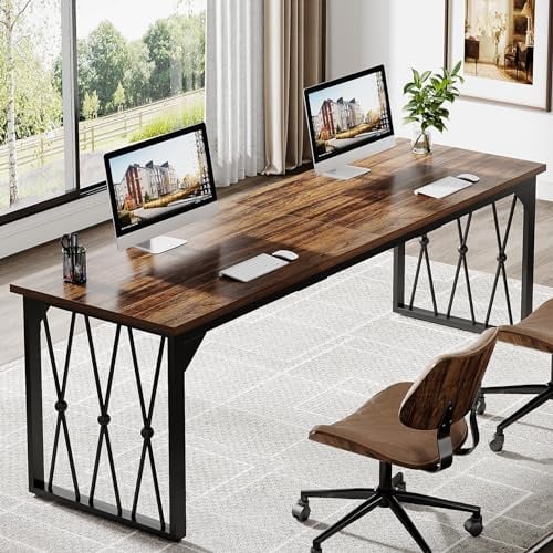 Tribesigns Schreibtisch Computertisch 200 x 70 x 75 cm Doppelter Langer Computertisch, Schreibtisch Bürotisch Arbeitstisch Konferenztisch PC Tisch für Home Office, Braun und Schwarz