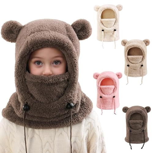 Bafiwu Cagoule d'hiver Unisexe pour Enfants 3 à 10 Ans, écharpe Ski Cagoule Fille Ajustable, Bonnet Polaire Chaud Mignon, Cou écharpe pour Garçons Filles (Café)