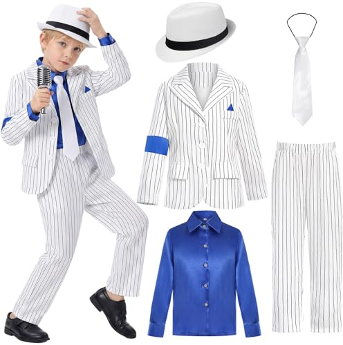 Conjunto Disfraz Estrella Pop para Halloween Outfit Para Niño, Conjunto de 7 Piezas Chaqueta Pantalón Sombrero Guantes Negros Lentejosos Traje Retro Años 80 y 90, para Halloween 4-12 Años
