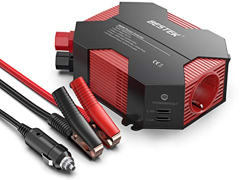 BESTEK 400W Convertisseur 12V 220V à 230V 4 Ports USB et 1 Prise Française de Courant Alternatif avec 2 Pinces Crocodile CE Certifié Onduleur 12v 220v pour Voiture Camion