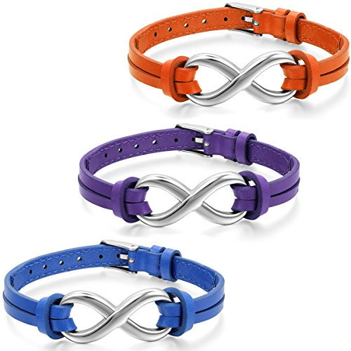 Aroncent 3 PCS Damen Herren Armband, Charme Infinity Geflochten Armreif Partnerarmband Freundschaftsarmband, Leder Edelstahl, Blau Lila Orange